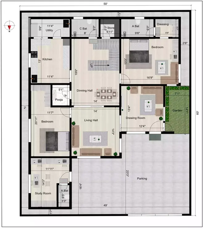 50 * 60 north facing duplex house with car parking ground floor plan