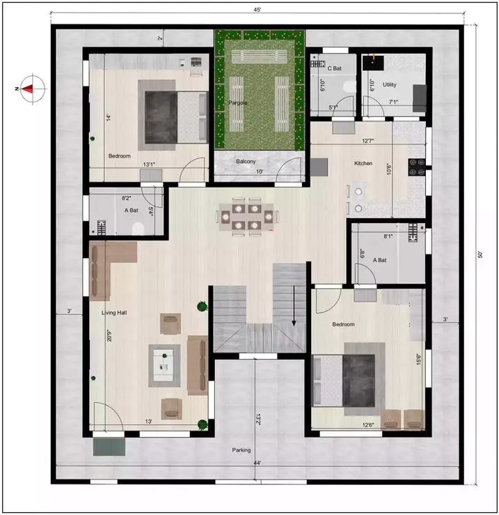 45 * 50 house map duplex plan of the Residential building facing in West direction ground floor plan