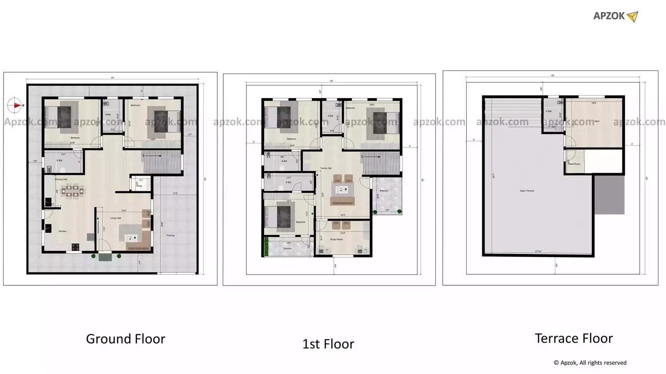 45 * 50 duplex house plans east facing of the Residential building facing in East direction