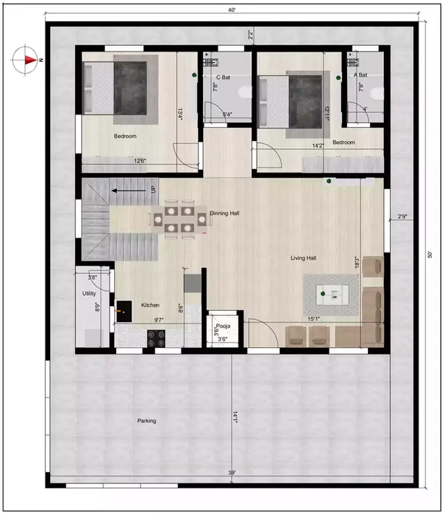 40 50 feet house plan of the Residential building facing in East direction ground floor plan