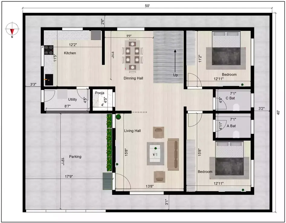 50 40 house plans north facing with vastu is a beautifully designed duplex G+2-floor ground floor plan