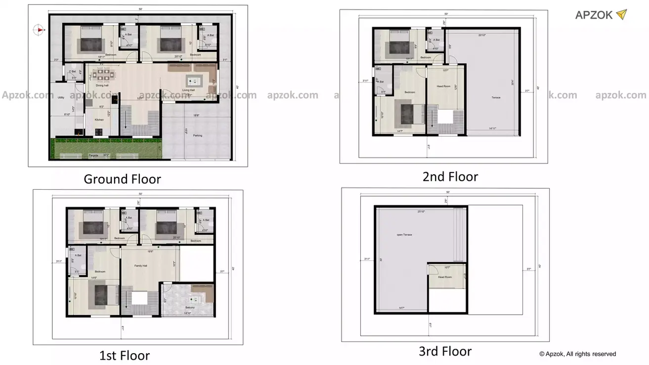 50 40 east facing duplex house plan, facing east, embracing both elegance and functionality across its G+3 floors