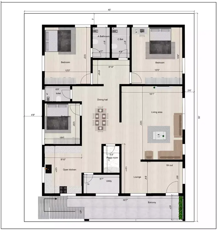 45 x 55 house plan of the Residential building facing in East direction 2nd floor plan