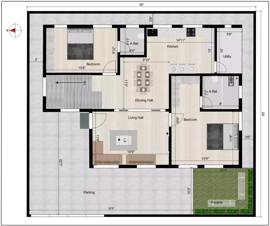 50 * 45 house plan duplex west facing plot, incorporating a G+2 floor layout ground floor plan