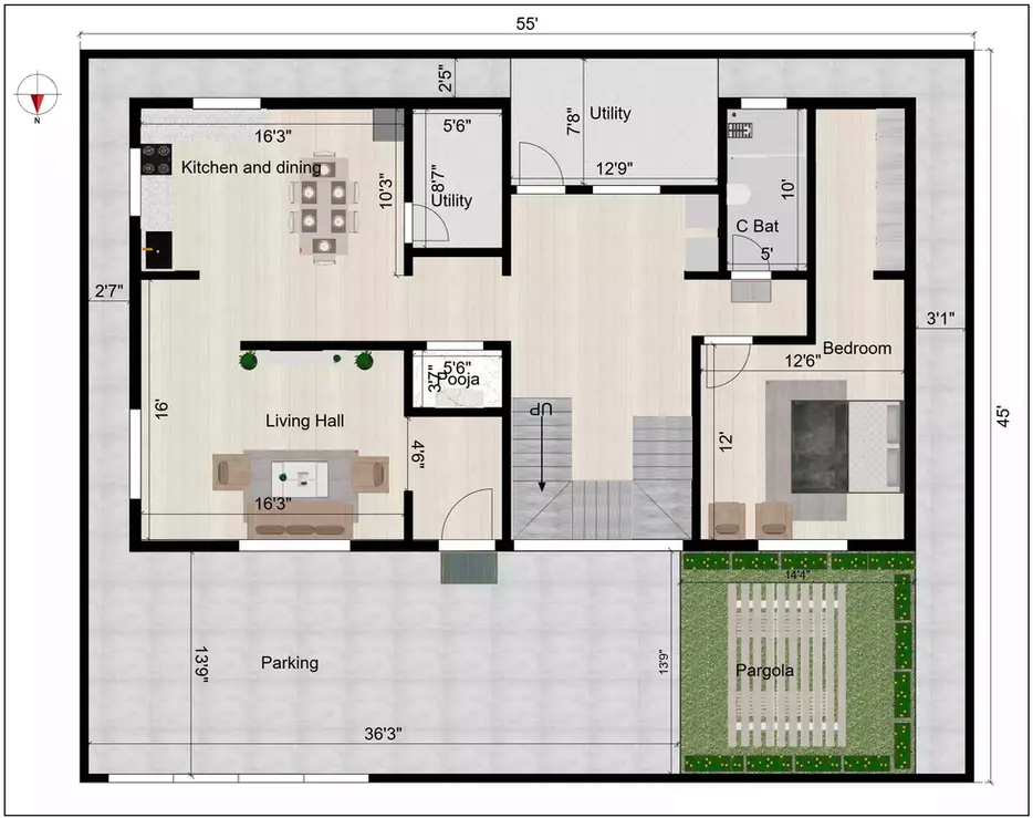 55 45 house plan north facing with vastu plot facing the north direction ground floor plan