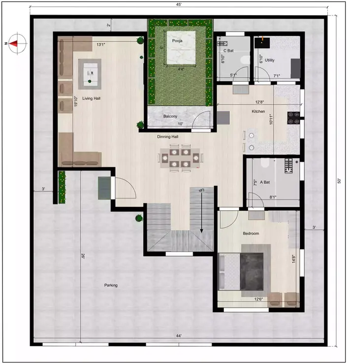 45 * 50 house plan 3bhk duplex plan of the Residential building facing in West direction ground floor plan