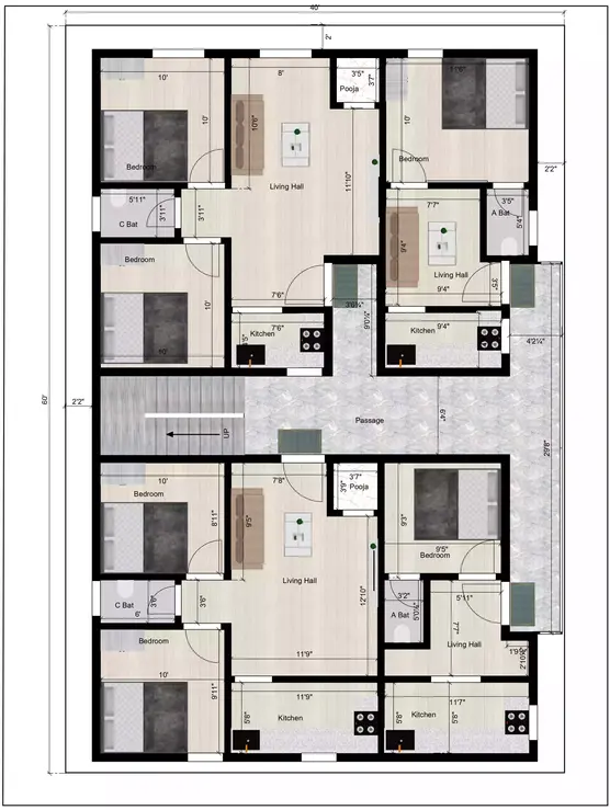 40 * 60 house plan south facing 2bhk with 1bhk 2 portion design typical floor plan