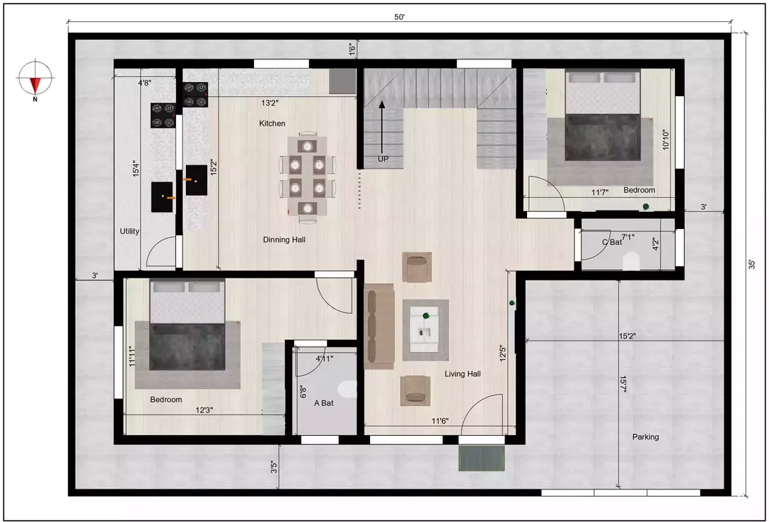 50 35 house plan 4 bhk duplex north facing is a marvel of design, offering three levels (G+2) ground floor plan