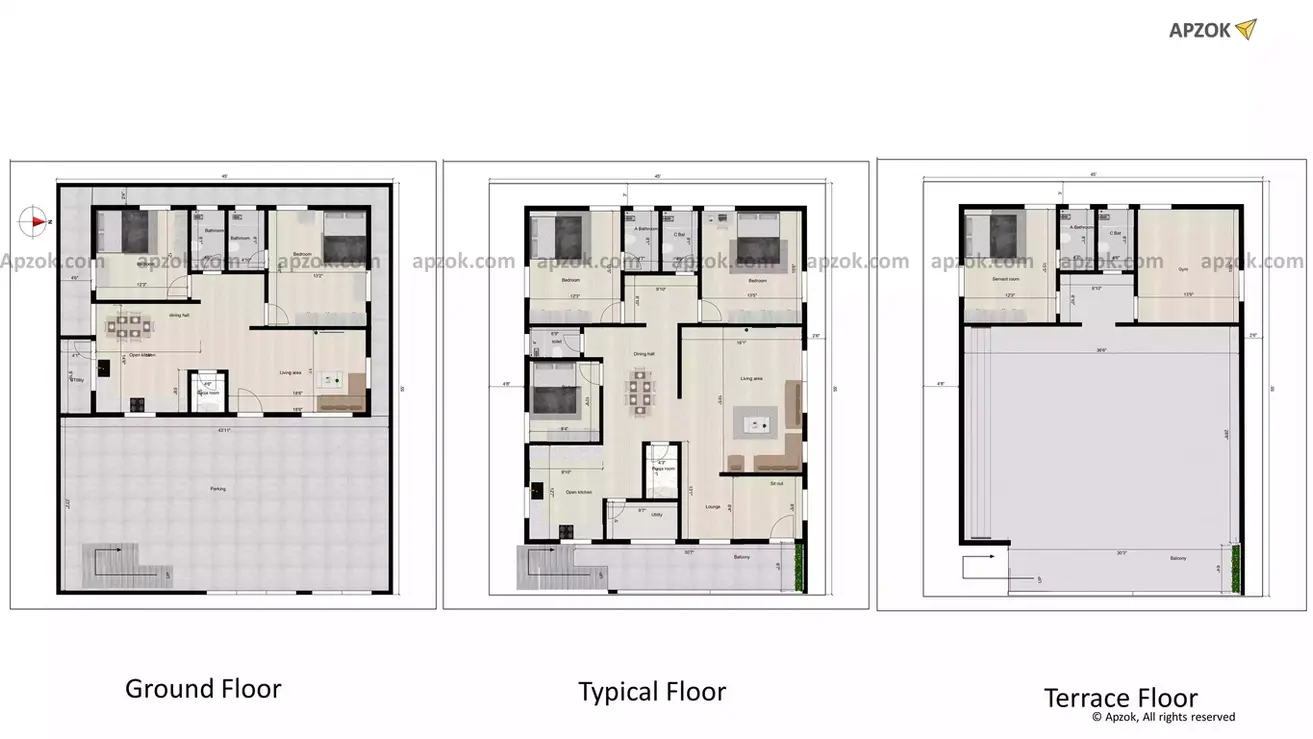45 x 55 house plan of the Residential building facing in East direction