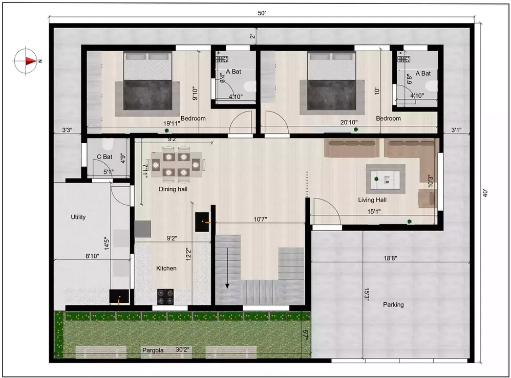 50 40 east facing duplex house plan, facing east, embracing both elegance and functionality across its G+3 floors ground floor plan