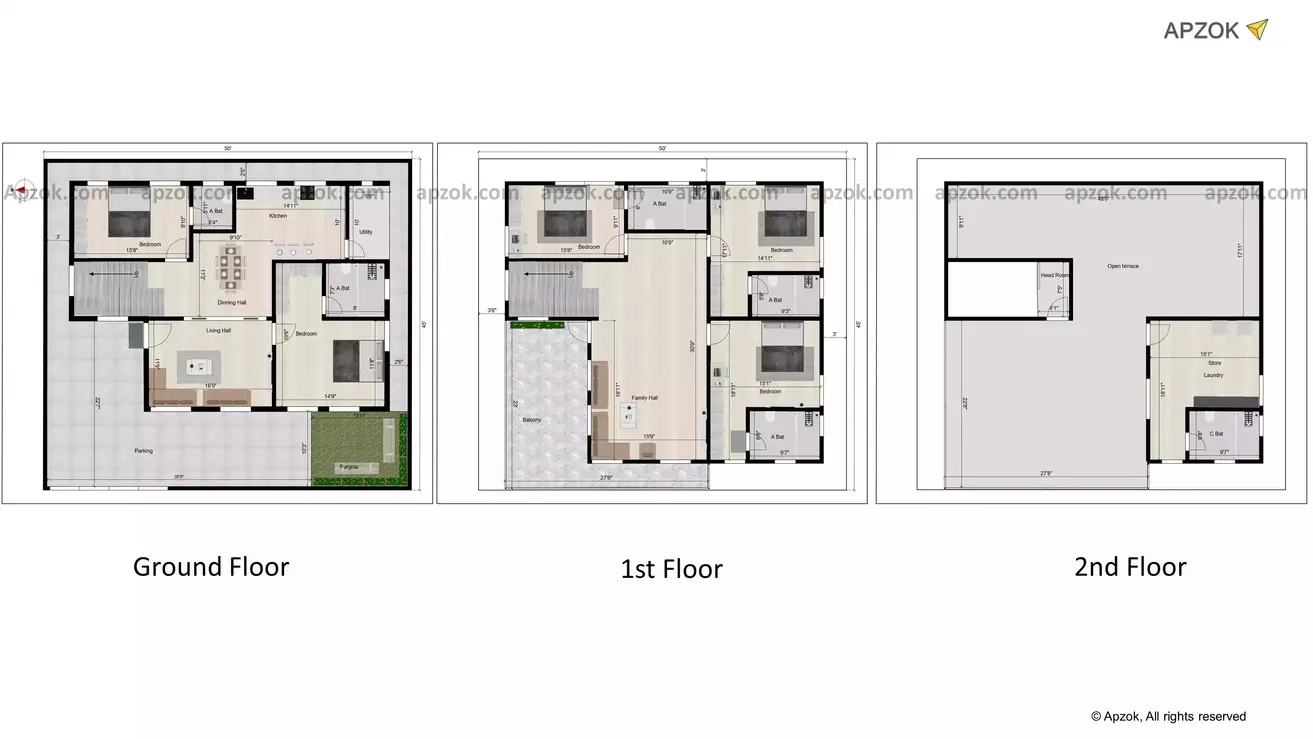 50 * 45 house plan duplex west facing plot, incorporating a G+2 floor layout