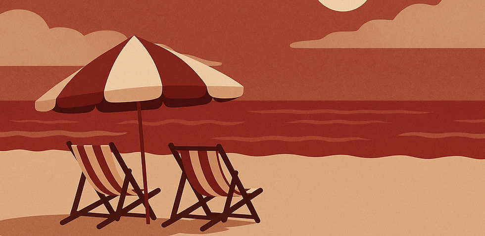 Two striped deck chairs under a large beach umbrella face a serene ocean. The sunset casts a warm reddish hue, creating a peaceful scene.