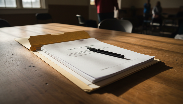 Overhead view of a folder with completed course papers and a payment policy acknowledgment form