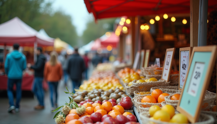 Eye-level view of a colorful vendor booth with organized displays and clear pricing signs