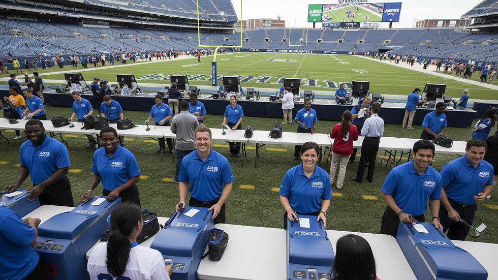 High angle view of a training session with staff practicing crowd control techniques
