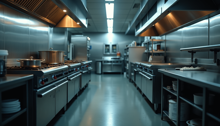 Eye-level view of a commercial kitchen with stainless steel appliances and cooking stations