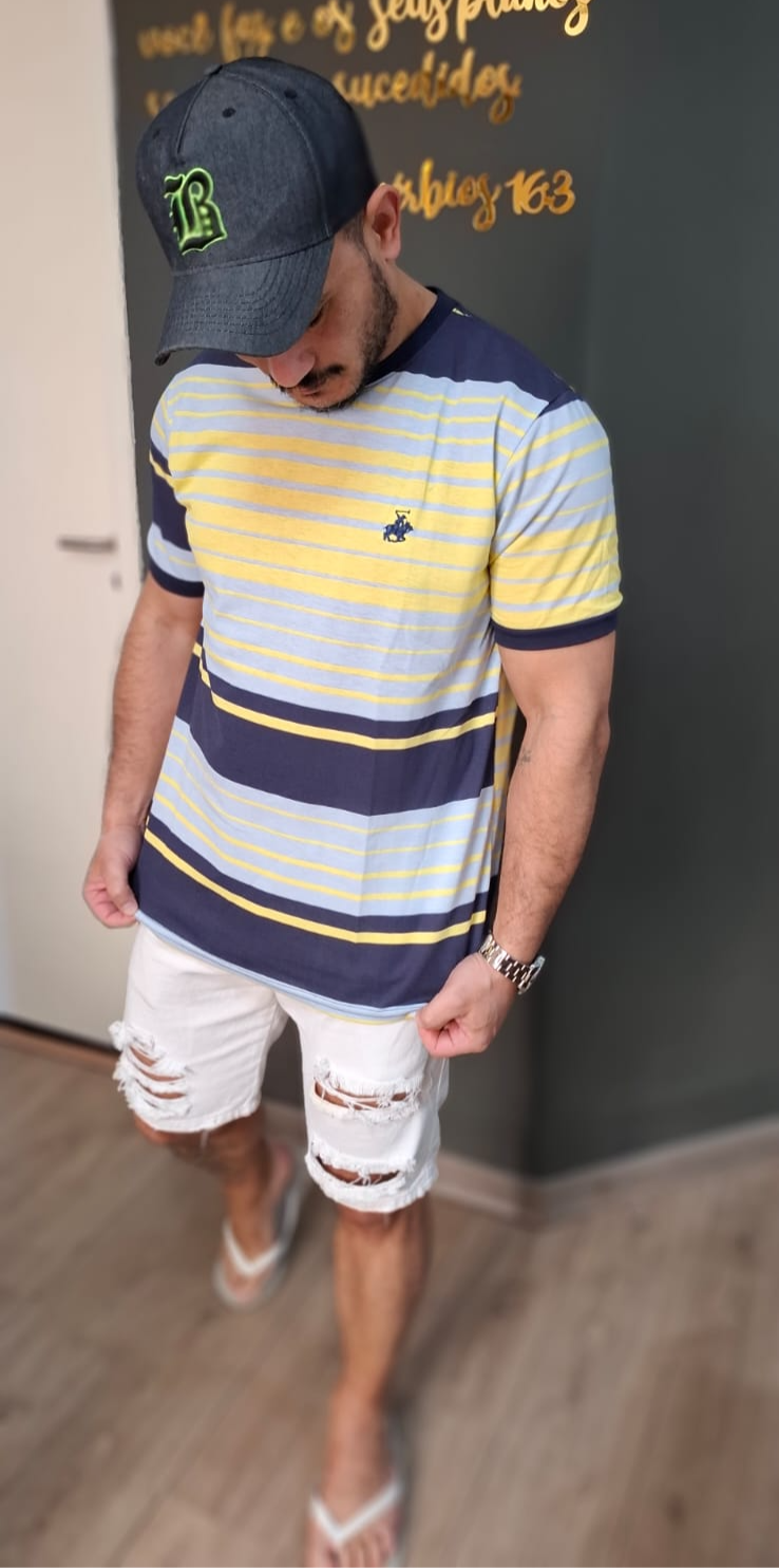 Miniatura: Camiseta masculina listrada azul e branca