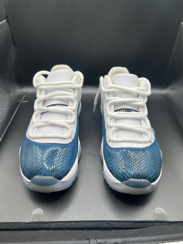 jordan 11 low snakeskin blue on feet