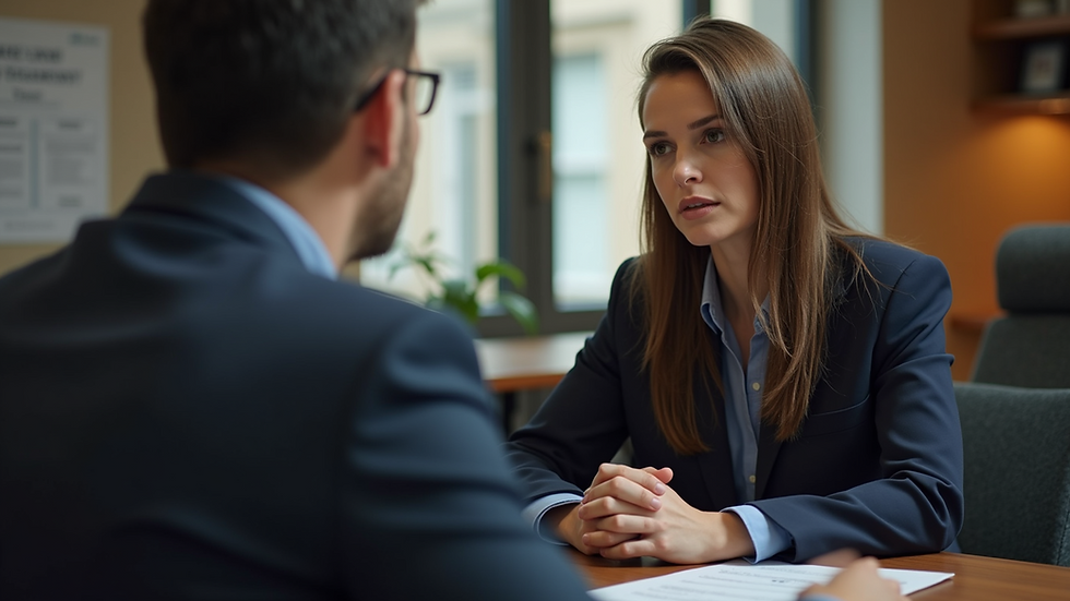 Eye-level view of a lawyer discussing a case with a client