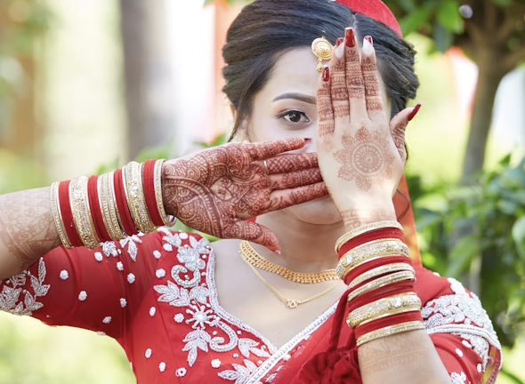 Bride in red showing off her front hand mehndi by posing with palms near her face