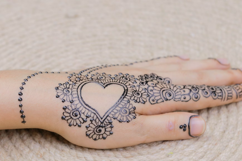 Back of hand mehndi design with a large heart in the center surrounded by floral detailing