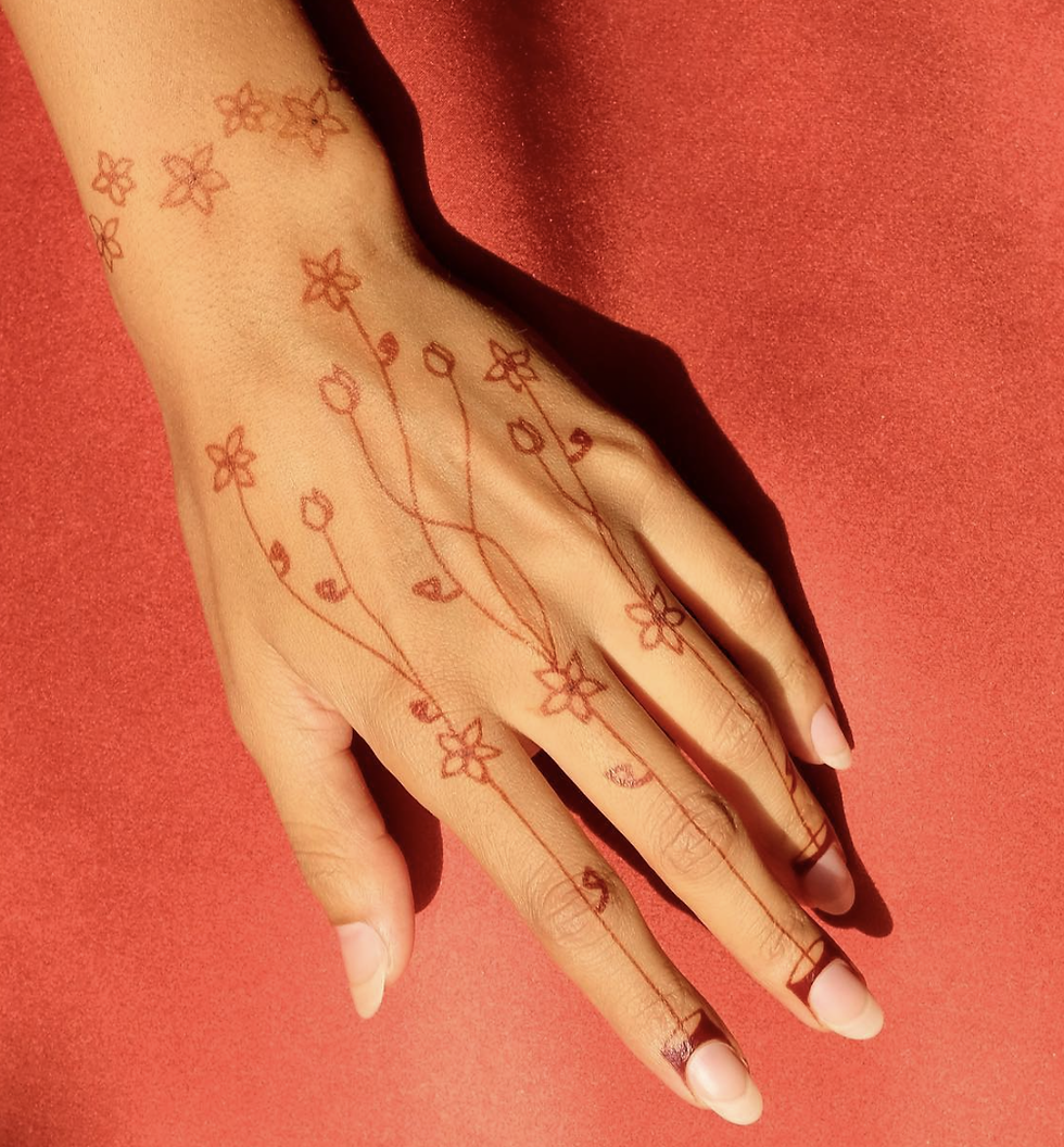 Back hand mehndi design with small flower motifs and long curved lines