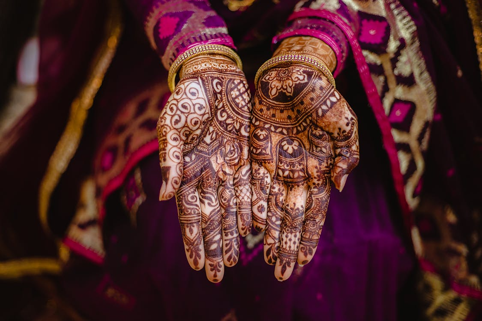 Front hand mehandi with symmetrical traditional patterns