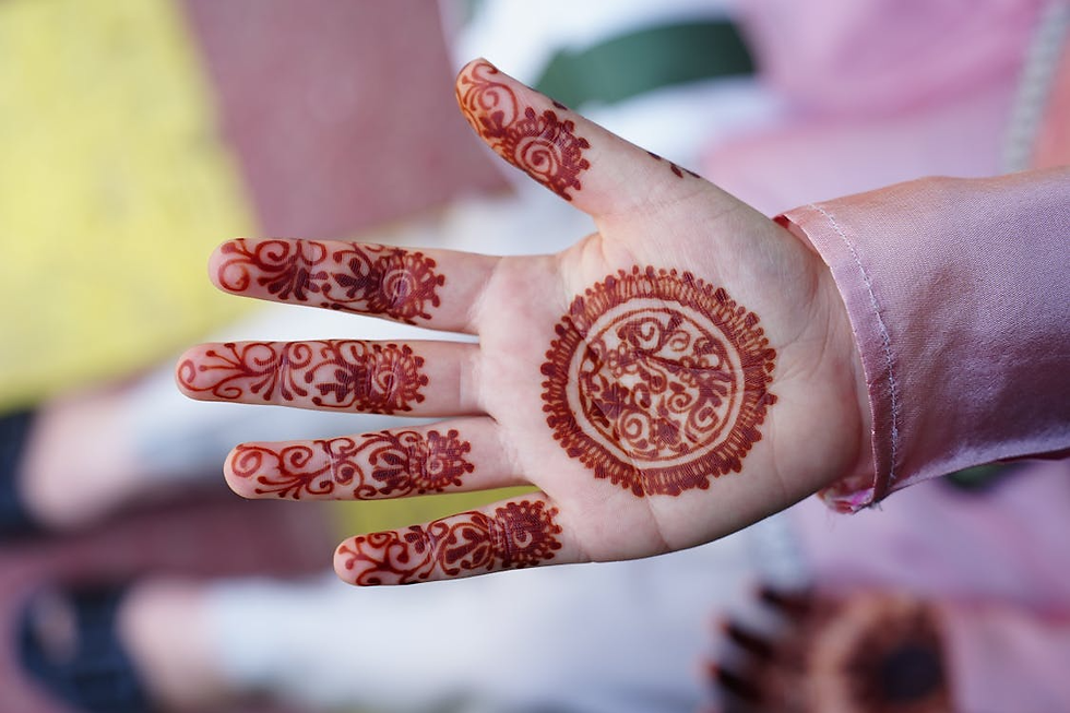 Front hand mehndi with a swirl mandala in the center of the palm and floral fingertip accents