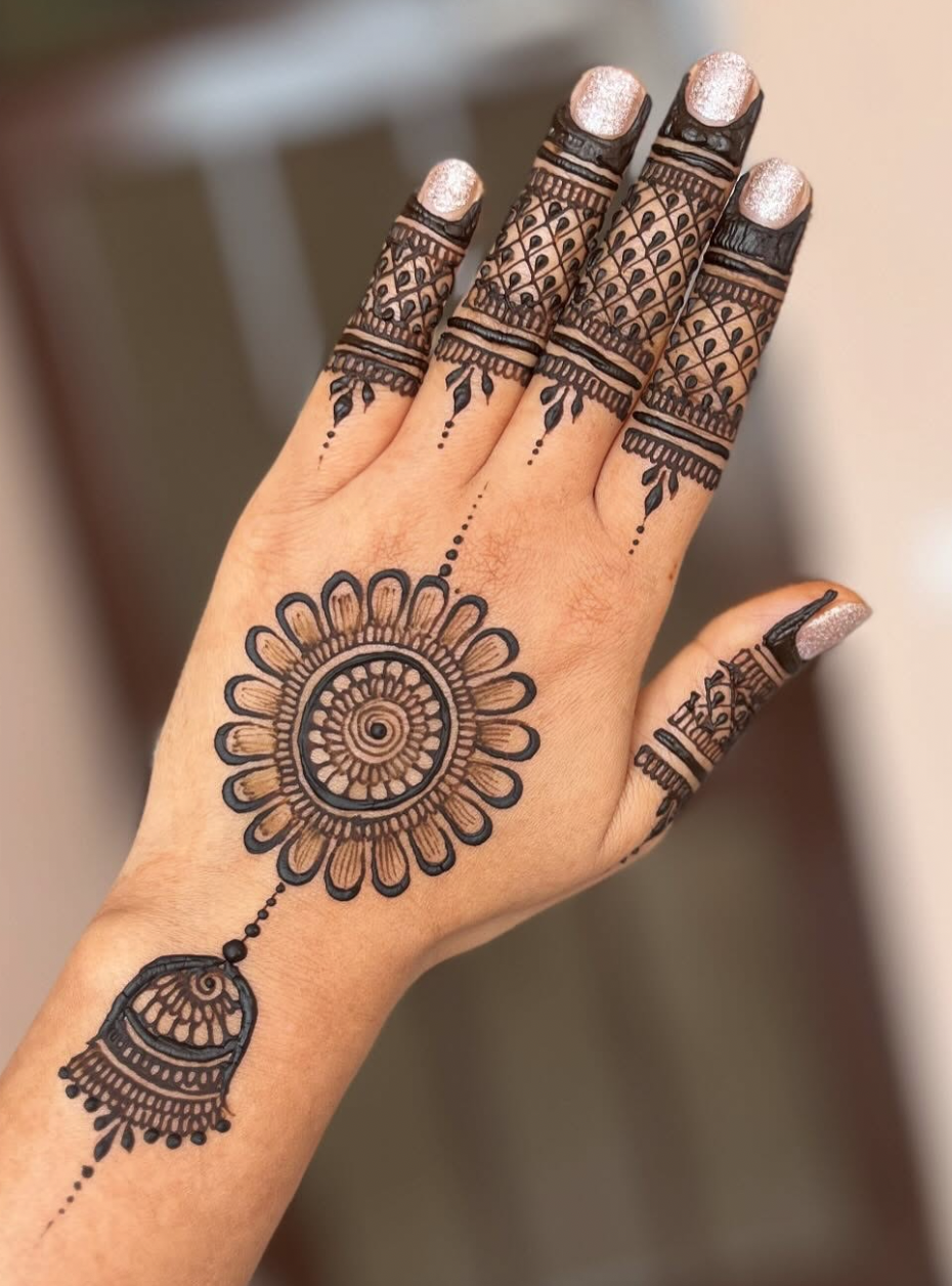 Front hand mehndi design with a large central mandala