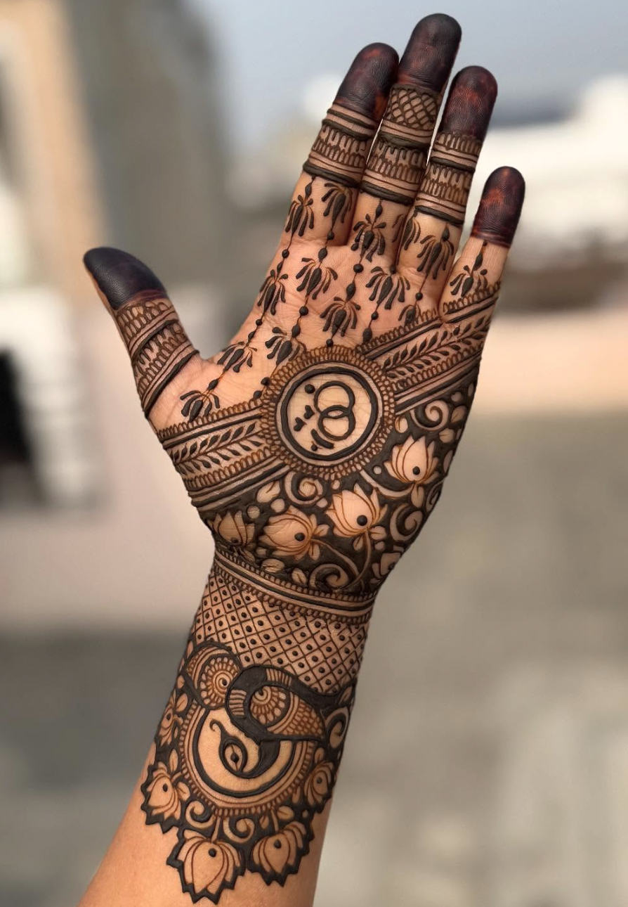Front hand mehndi design with Ganesh and Om symbols