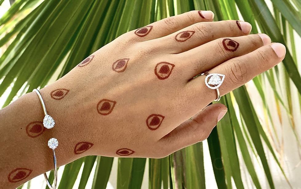 Back hand mehndi design with repeating teardrop outlines