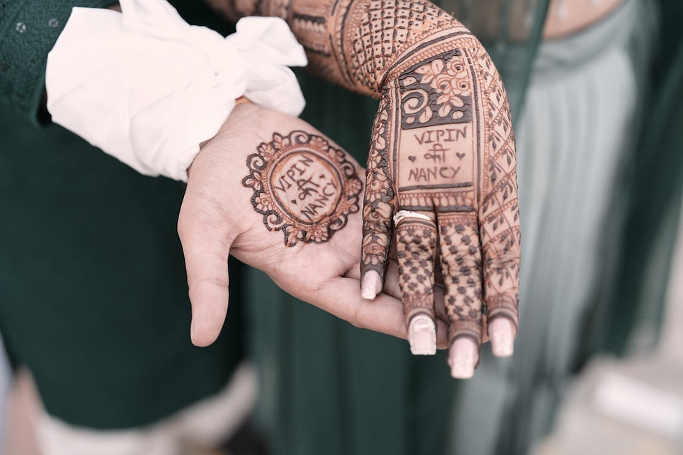 Front hand mehndi design with geometric filler work and a name written in the center of the palm
