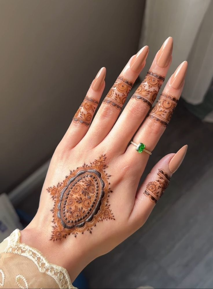henna design on back of hand with detailed finger bands