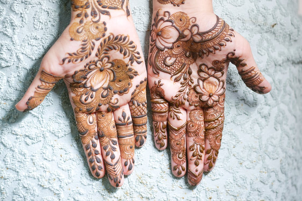 mehndi with shaded floral petals, curved lines, and leafy fingertip accents