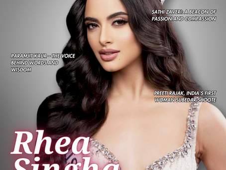Cover of PerfectU Magazine’s ‘The Velvet Edition 2025’ featuring Rhea Singha, Miss Universe India 2024. The cover highlights her achievements as a model, actor, TEDx speaker, and Ambassador-at-Large at GLS University. Other featured personalities include Sathi Zaveri, Paramjit Kaur, and Preeti Rajak. The elegant design showcases Rhea wearing a sparkling crown and gown with the title sash, symbolizing grace and empowerment.