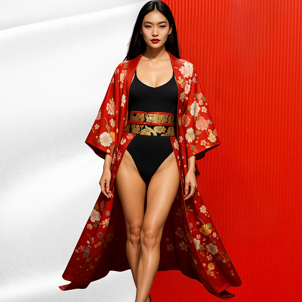 Woman in a black bodysuit paired with a traditional red floral kimono and ornate belt, walking confidently against a red and white textured backdrop.
Let me know if you'd like SEO-optimized alt text for fashion or cultural styling blogs.