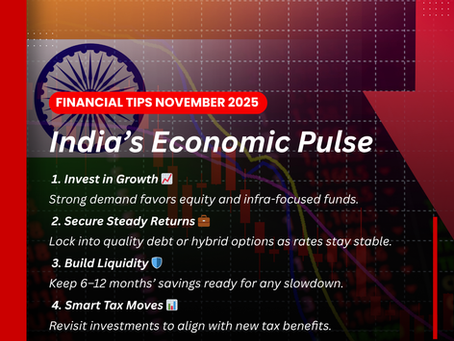 Financial tips poster titled "India's Economic Pulse" with investment advice. Background features Indian flag theme and stock chart, conveying growth.