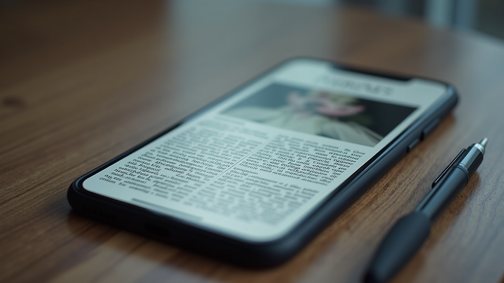 High angle view of a smartphone displaying a digital magazine article