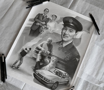 Father memorial tribute pencil collage portrait by artist Grace Murray-Rowley