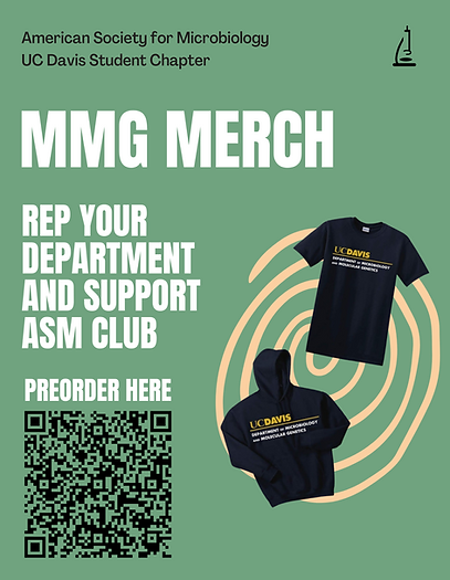 An advertisement for shirts and hoodies with the UC Davis Department of Microbiology and Molecular Genetics with bold text and minimal doodles