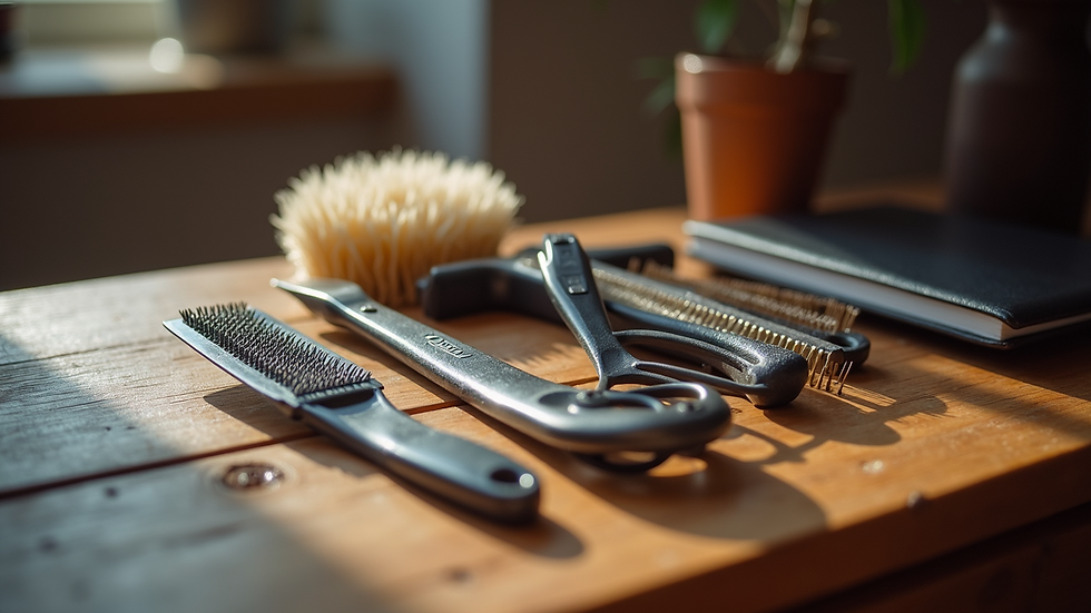 High angle view of grooming tools for pets on a wooden table