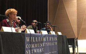 Carrie Davis speaking during a November 2015 town hall about PrEP at the LGBT Community Center. With Michael Slater, Tiffany M., Dr. Demetre Daskalakis, Victor Hogue and Kashif Amin. New York, NY