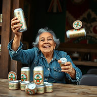 beautiful old hispanic woman juggling beer cans.jpg