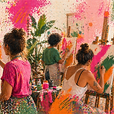 Pessoas criando arte abstrata em experiência imersiva