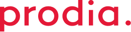 Prodia logga. Prodia står med röda bokstäver