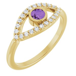 14K Yellow Natural Amethyst & Natural White Sapphire Evil Eye Ring