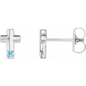 14K White Natural Blue Zircon Cross Earrings
