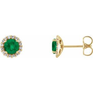14K Yellow 6 mm Lab-Grown Emerald & 1/8 CTW Natural Diamond Earrings