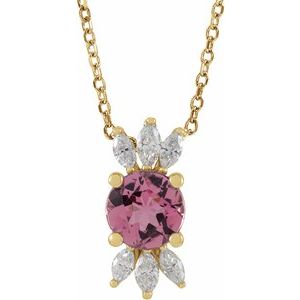 14K Yellow Natural Pink Tourmaline & 1/5 CTW Natural Diamond 16-18 Necklace"