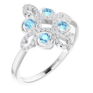 Platinum Natural Aquamarine & 1/8 CTW Natural Diamond Semi-Set Clover Ring
